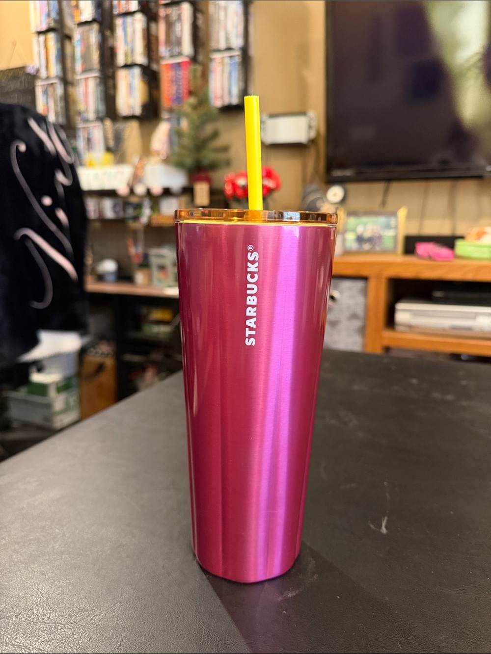 Starbucks Metallic Hot Pink Tumbler with Yellow Straw